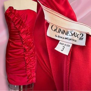 Gunne Sax Red Strapless Ruffled Sash Vintage Cocktail Dress